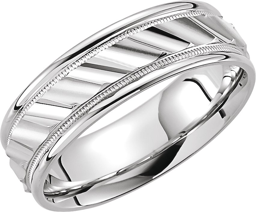 Sterling Silver 6.75 mm Milgrain Edge Diagonal Grooved Comfort-Fit Half Round Band Size 9