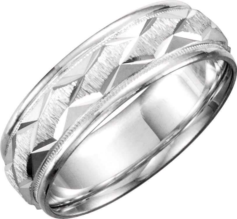 Milgrain Edge Geometric Faceted Comfort-Fit Half Round Band with Satin Finish