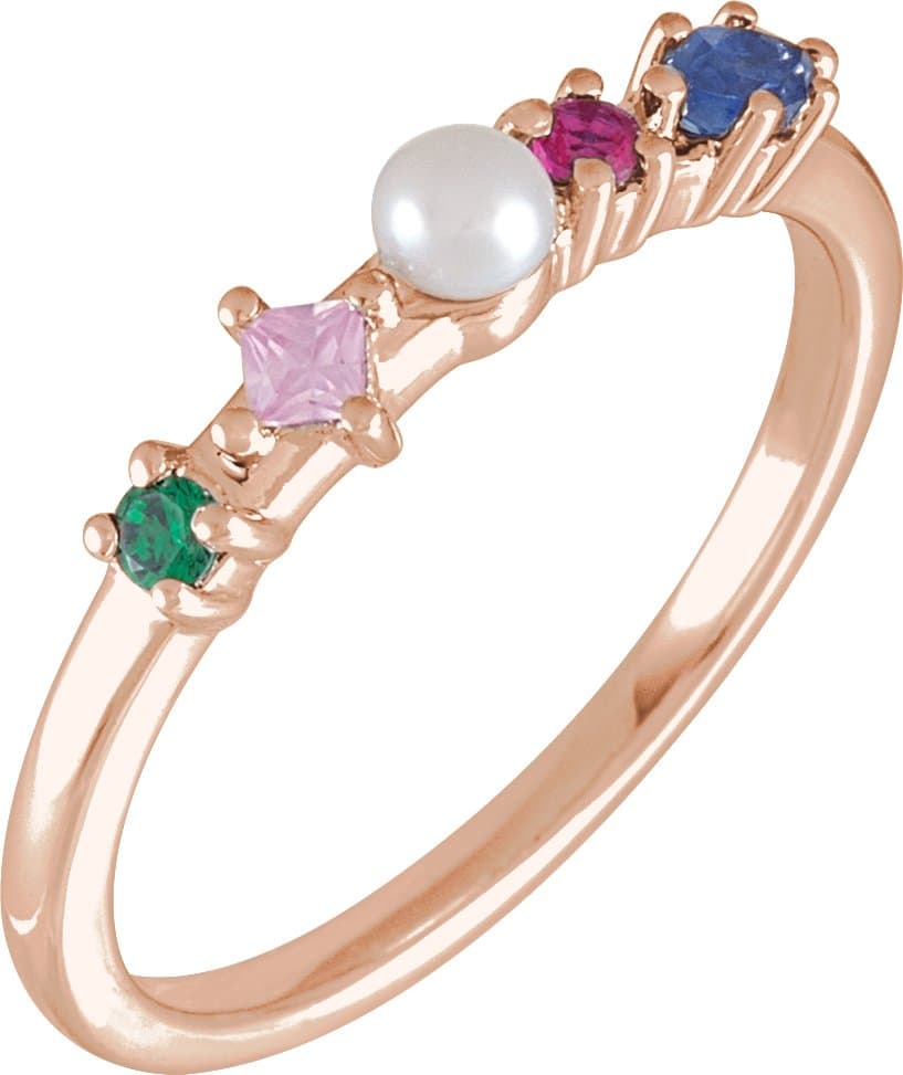 14K Rose Cultured White Freshwater Pearl & Natural Multi-Gemstone Ring