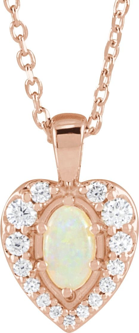 14K Rose Natural White Opal Cabochon  & 1/8 CTW Natural Diamond 16-18 Necklace