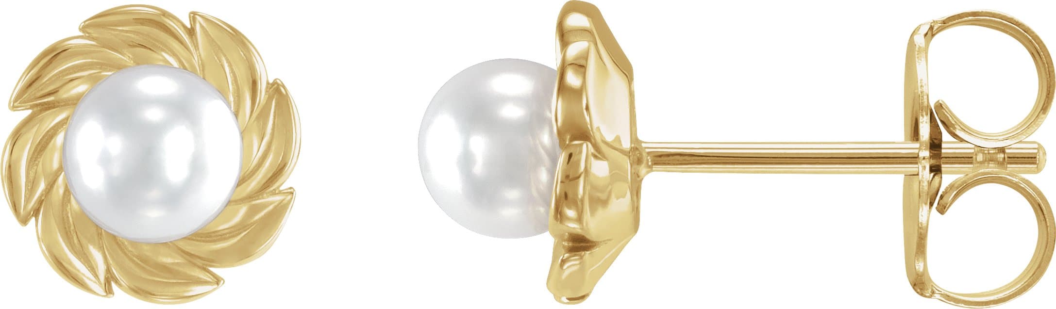 14K Rose Cultured White Akoya Pearl Leaf Earrings