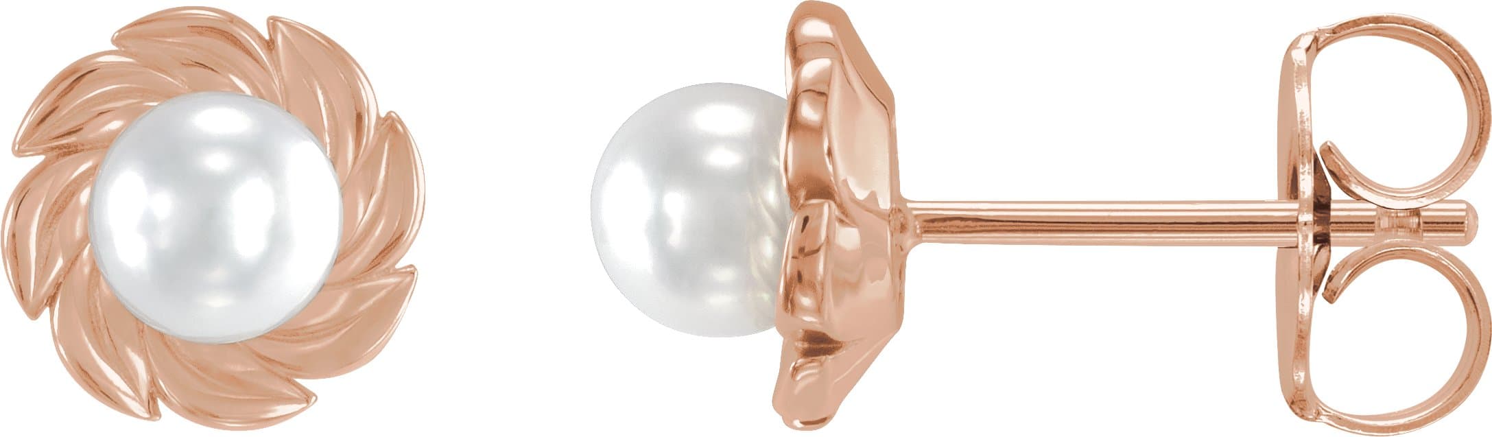 14K Rose Cultured White Akoya Pearl Leaf Earrings