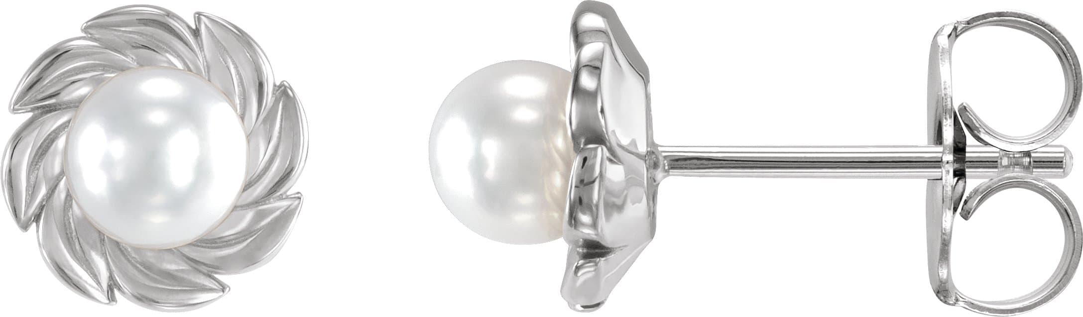 14K Rose Cultured White Akoya Pearl Leaf Earrings