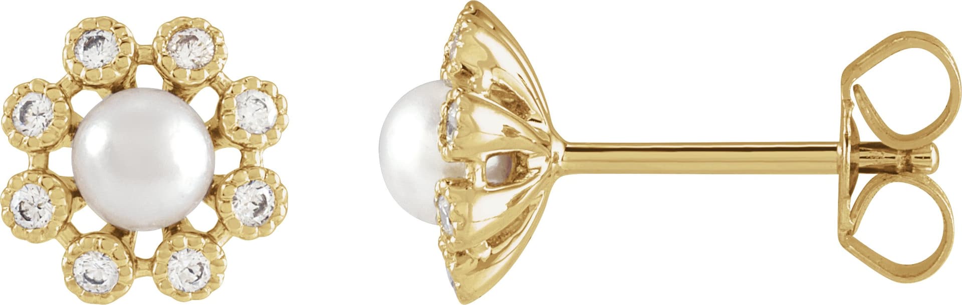 14K Yellow Cultured White Freshwater Pearl & 1/8 CTW Natural Diamond Earrings