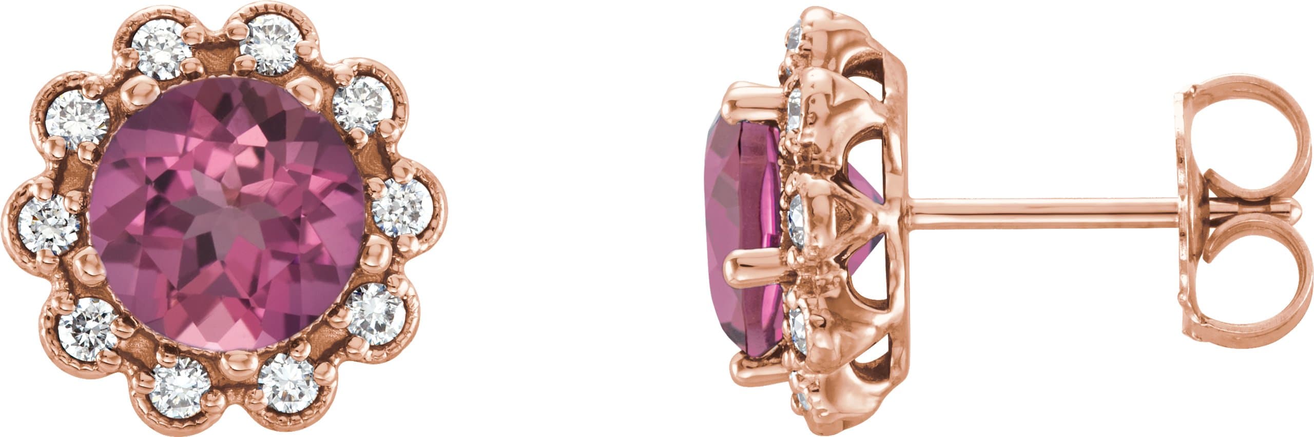 14K Rose 3.25 mm Natural Pink Tourmaline & 1/8 CTW Natural Diamond Earrings