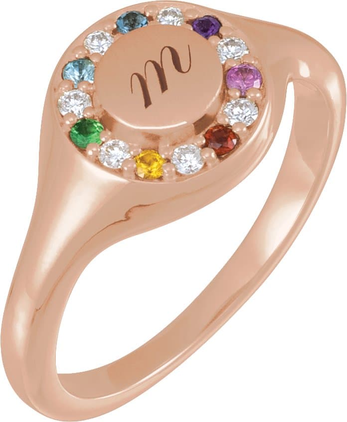 14K Rose Natural Multi-Gemstone & 1/10 CTW Natural Diamond Halo-Style Signet Ring