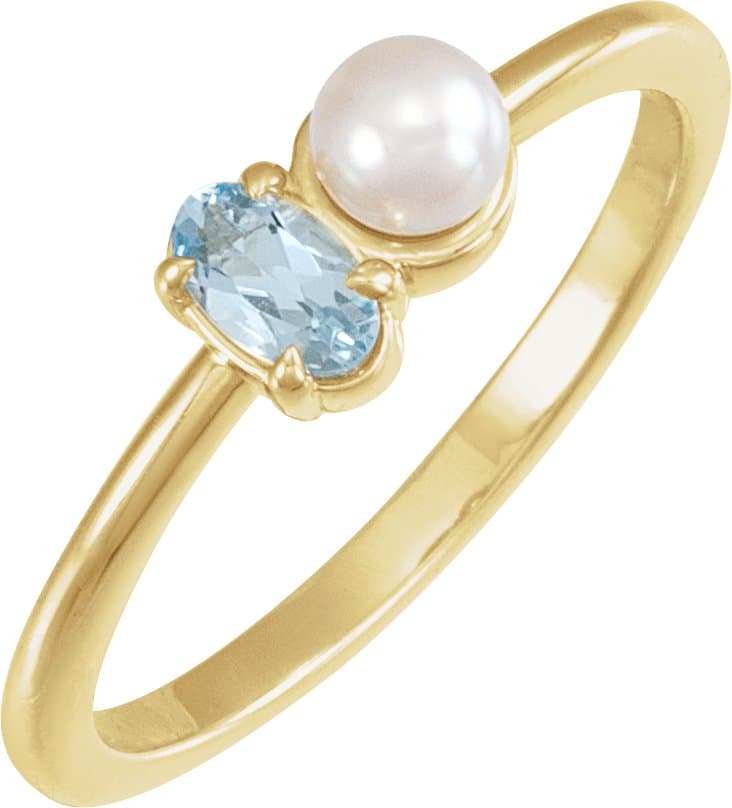 14K Rose Natural Aquamarine & Cultured White Akoya Pearl Ring