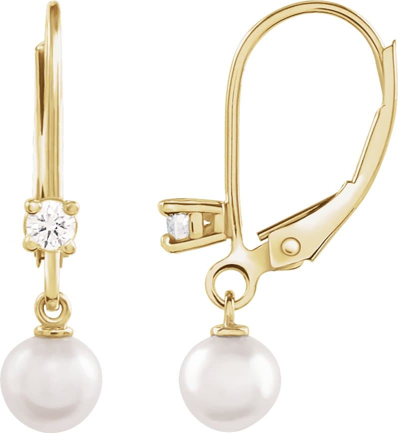 14K Rose Cultured White Akoya Pearl & 1/8 CTW Natural Diamond Earrings