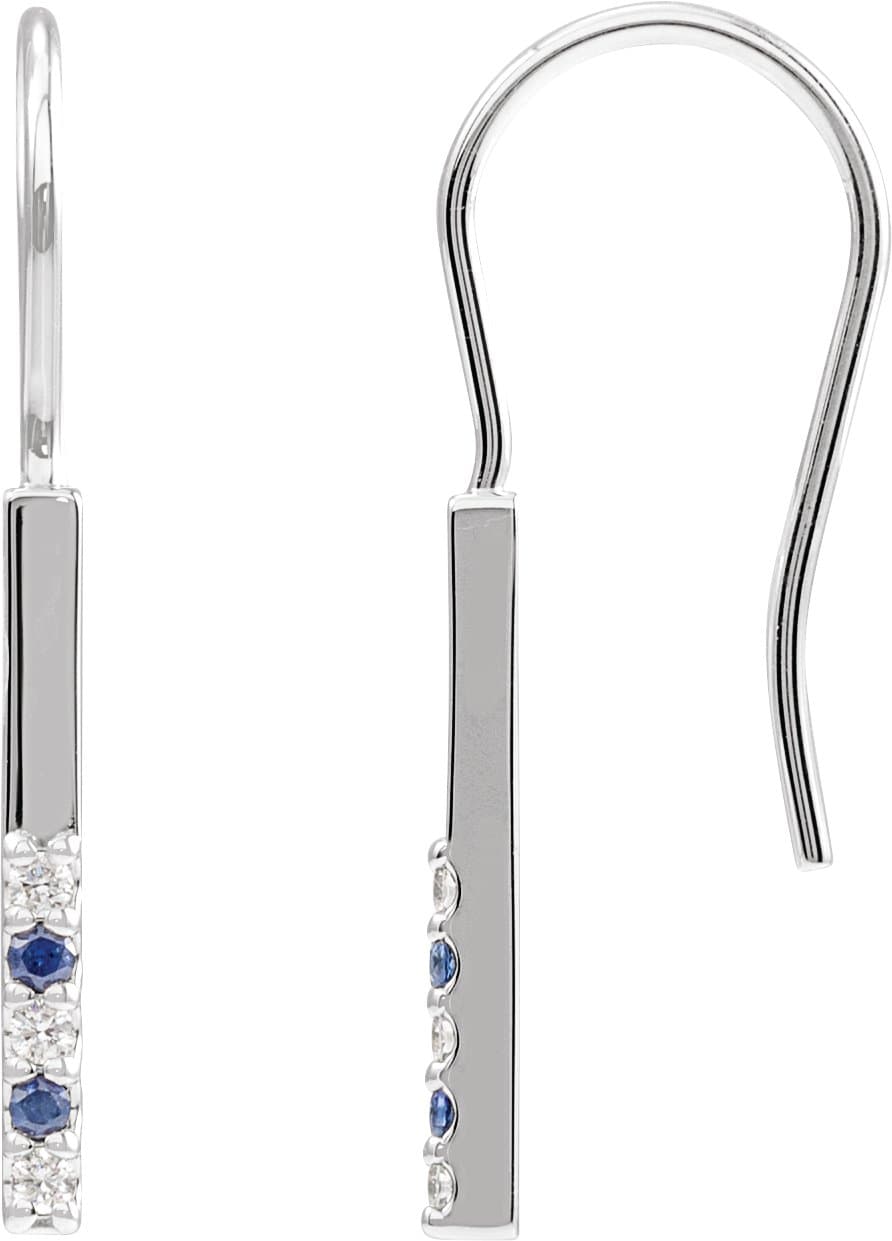 14K White Natural Blue Sapphire & .08 CTW Natural Diamond Bar Earrings