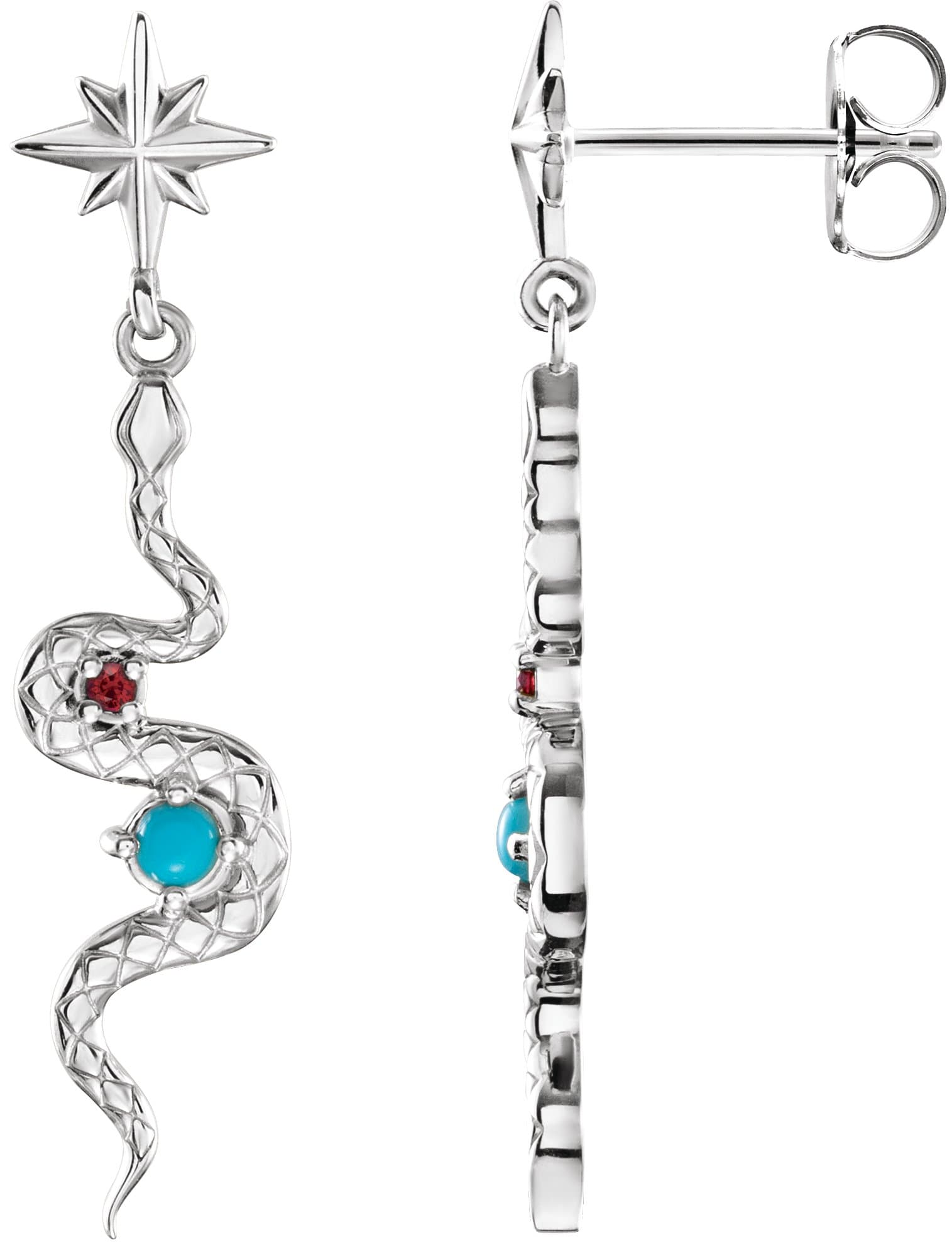 14K Rose Natural Turquoise & Natural Ruby Snake Earrings