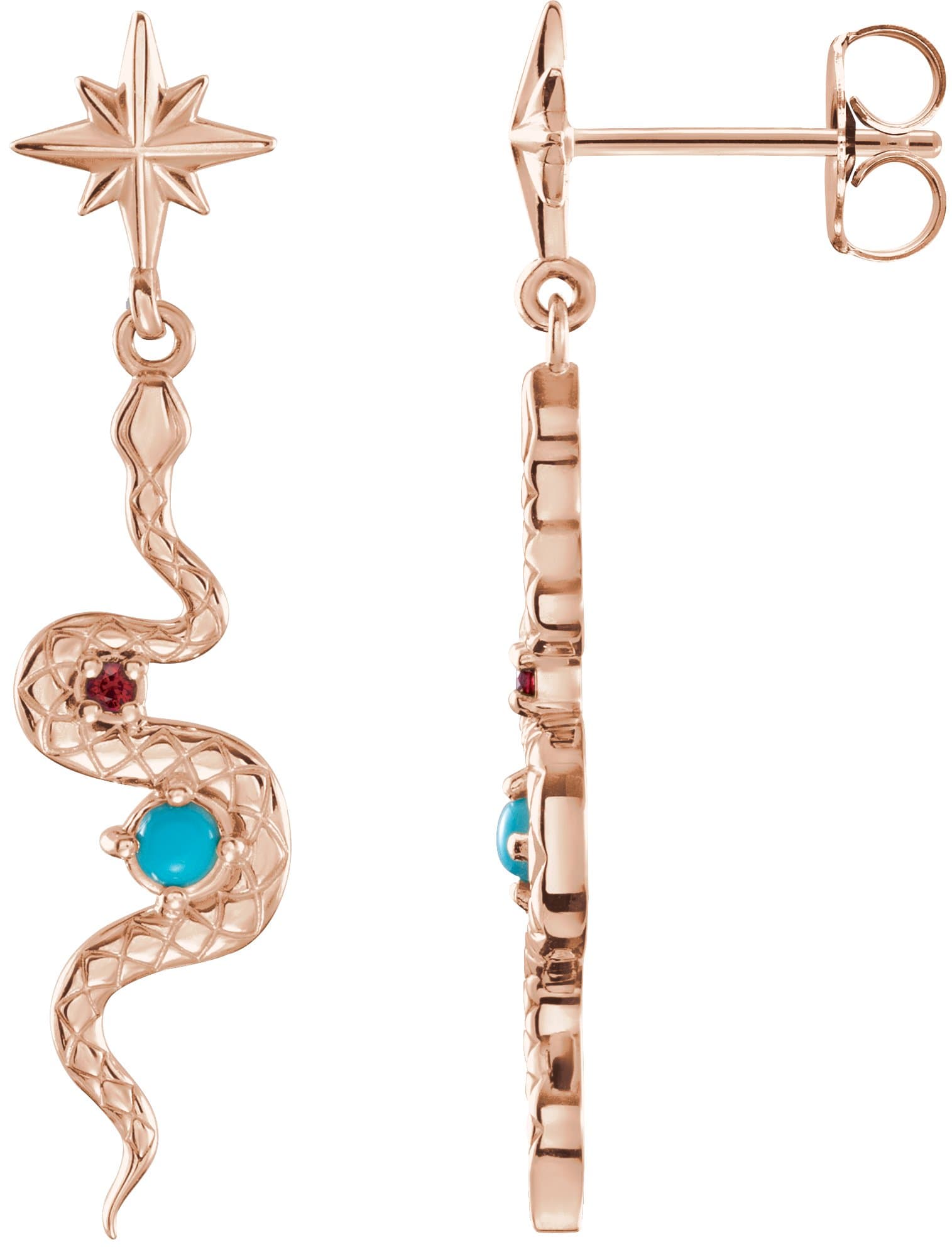 14K Rose Natural Turquoise & Natural Ruby Snake Earrings