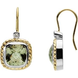 Sterling Silver & 14K Yellow Checkerboard Natural Green & .06 CTW Natural Diamond Earrings