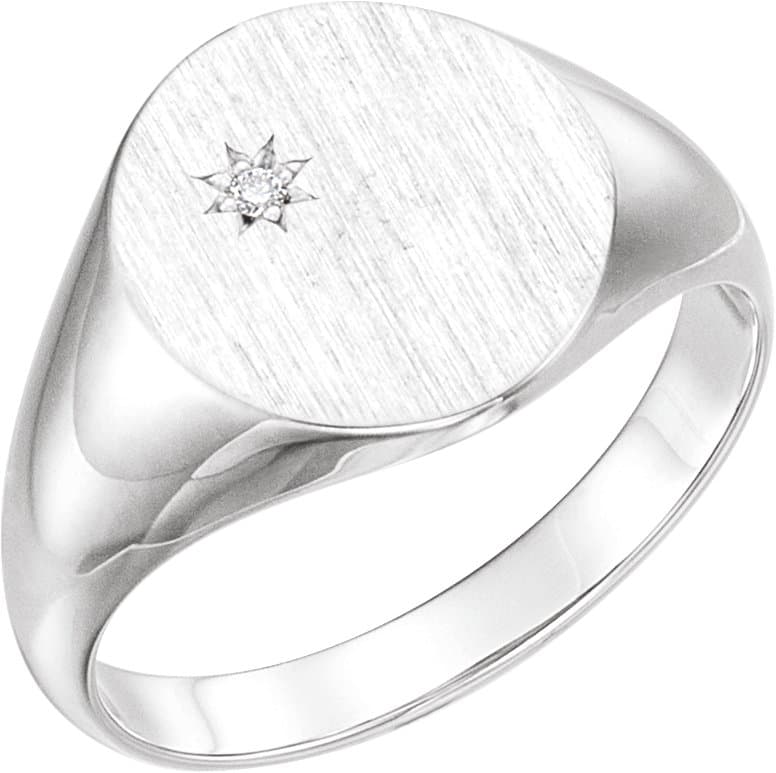 14K White .02 CT Natural Diamond 14x12 mm Oval Signet Ring
