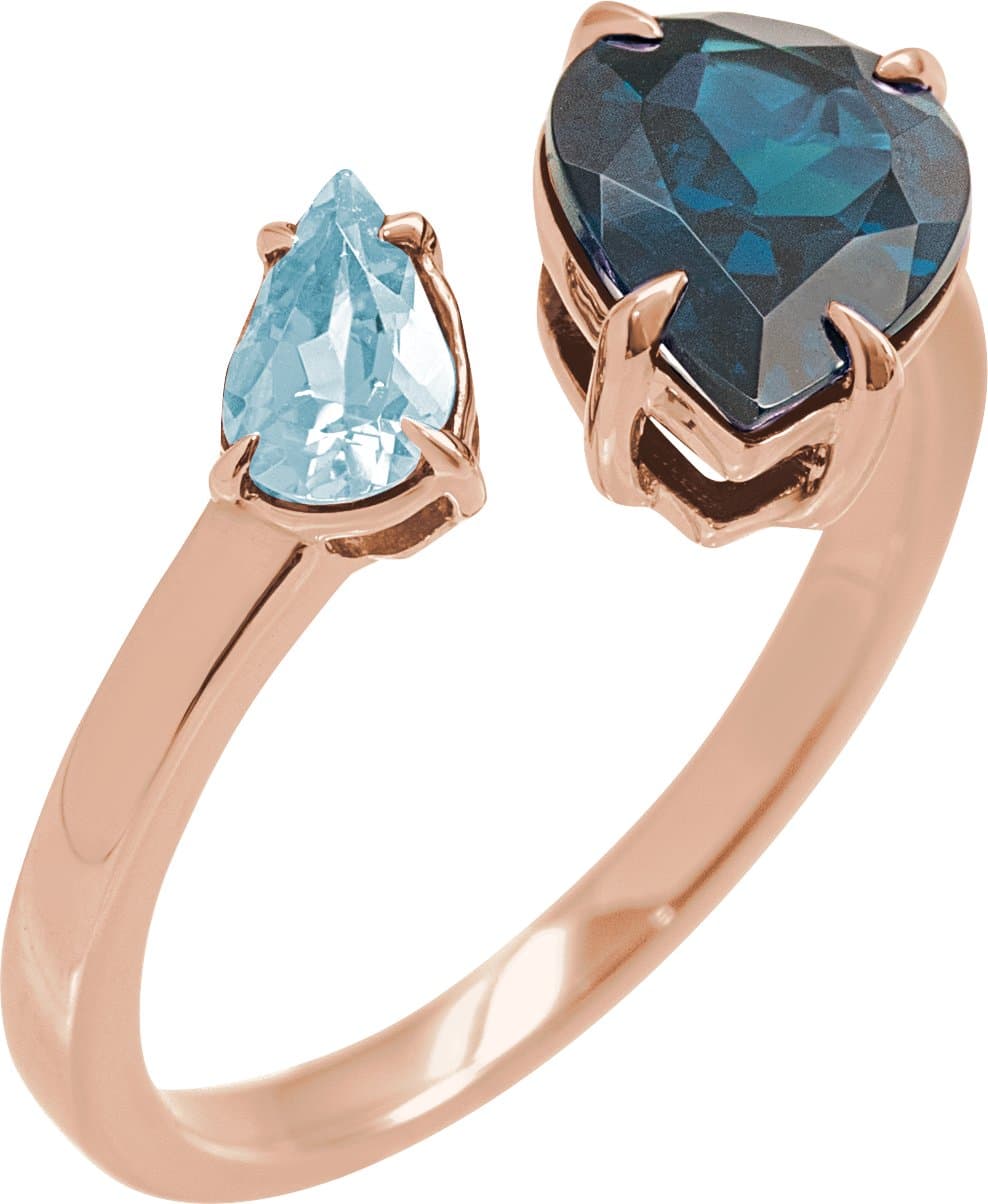 14K Rose Natural London Blue Topaz & Natural Sky Blue Topaz Ring