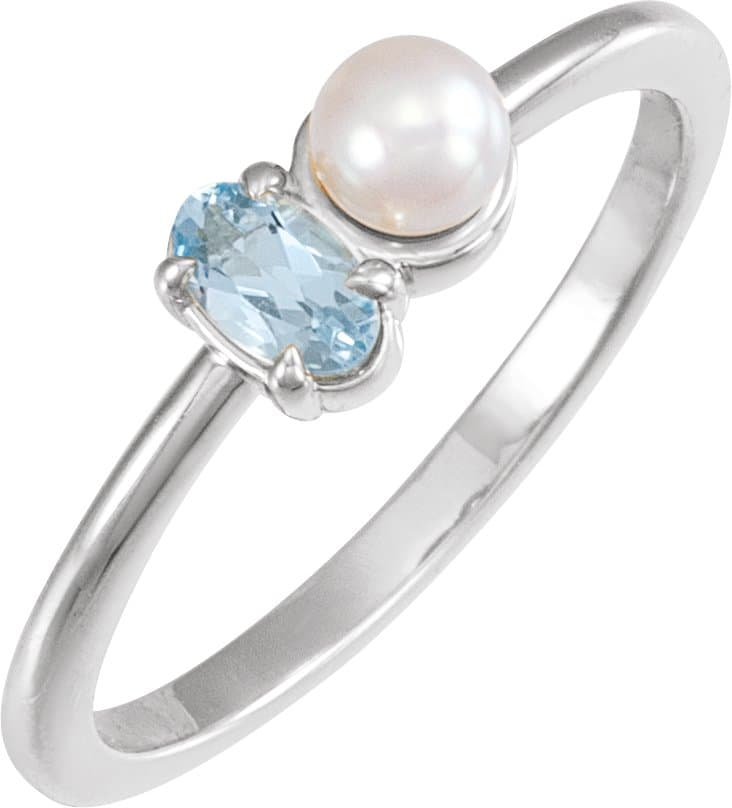 14K Rose Natural Aquamarine & Cultured White Akoya Pearl Ring