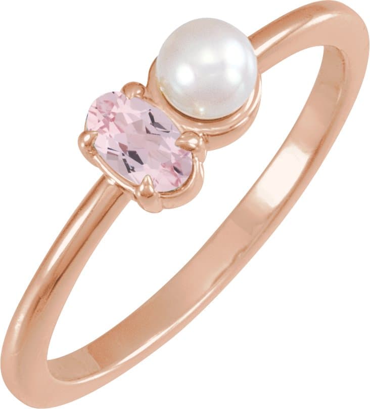 14K Rose Natural Aquamarine & Cultured White Akoya Pearl Ring