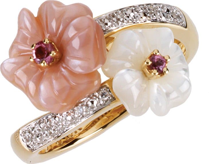 14K White Natural Pink Tourmaline, Natural Mother of Pearl & .04 CTW Natural Diamond RIng