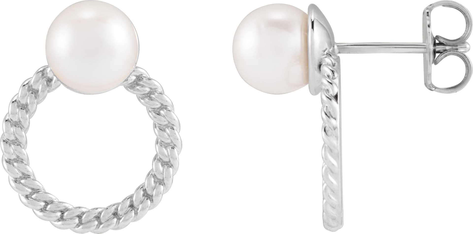 Platinum Cultured White Akoya Pearl & Curb Chain Earrings