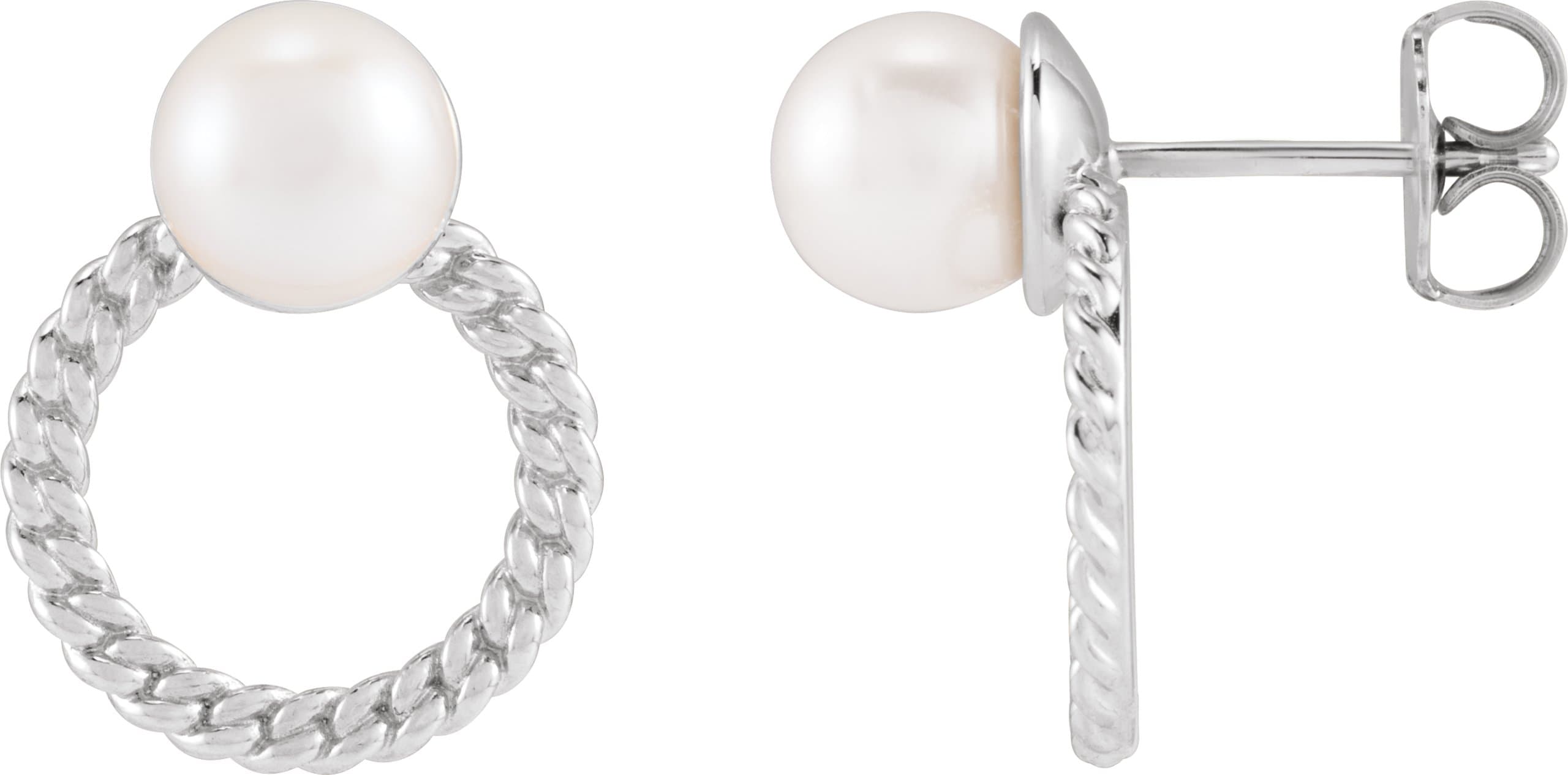 Platinum Cultured White Akoya Pearl & Curb Chain Earrings