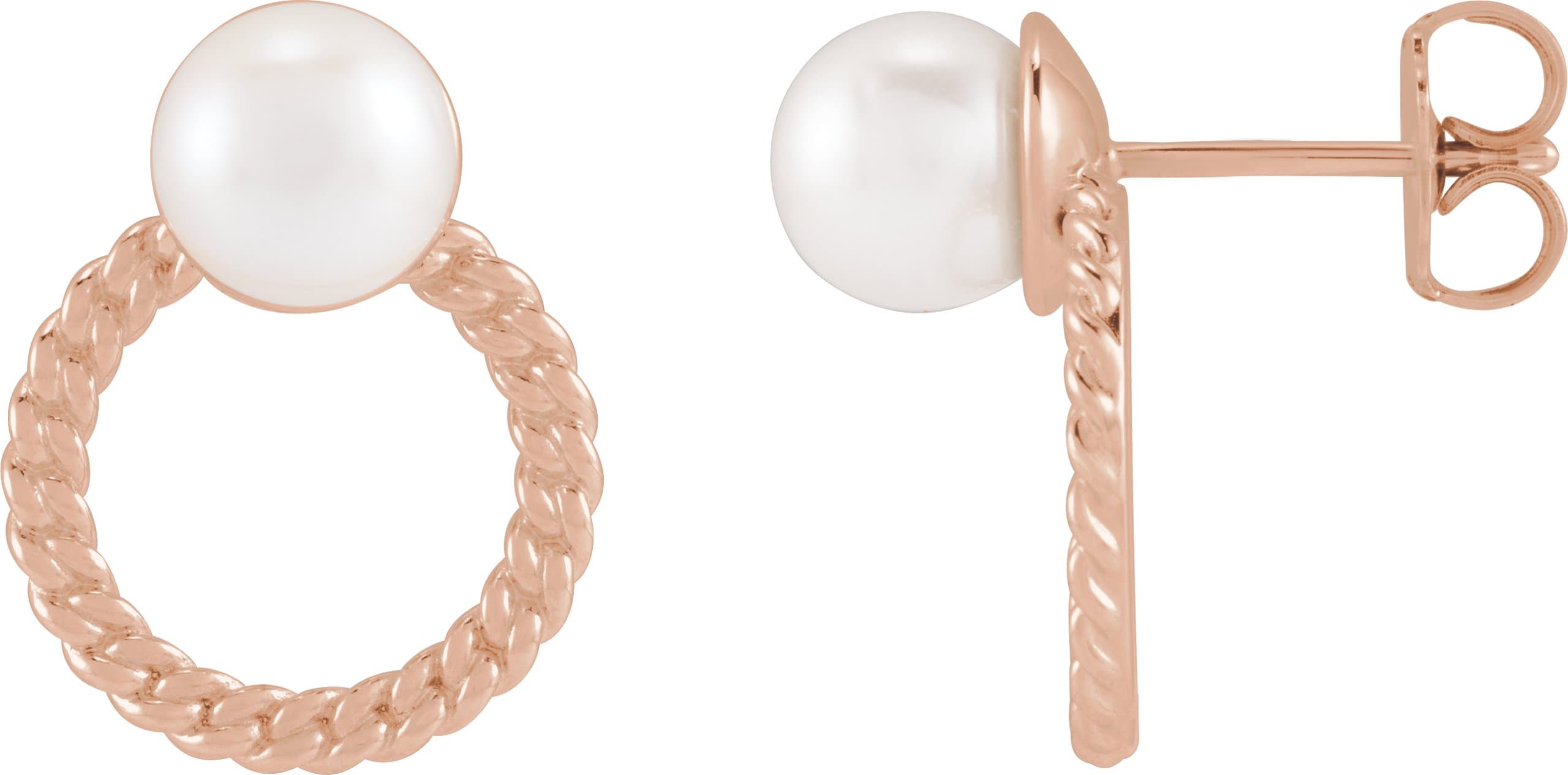 14K Rose Cultured White Akoya Pearl & Curb Chain Earrings