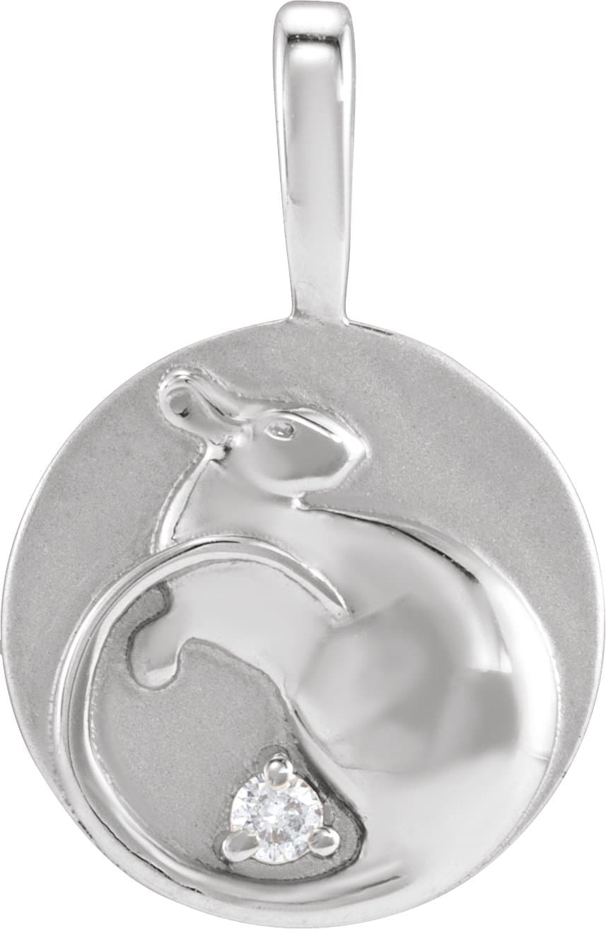 14K White Gold .015 CT Natural Diamond Chinese Zodiac Rat Pendant