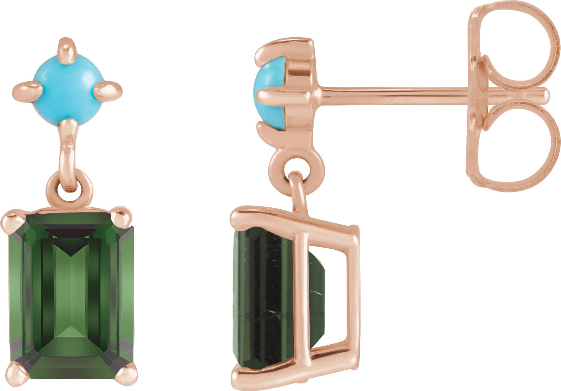 14K Rose Natural Green Tourmaline & Natural Turquoise Earrings