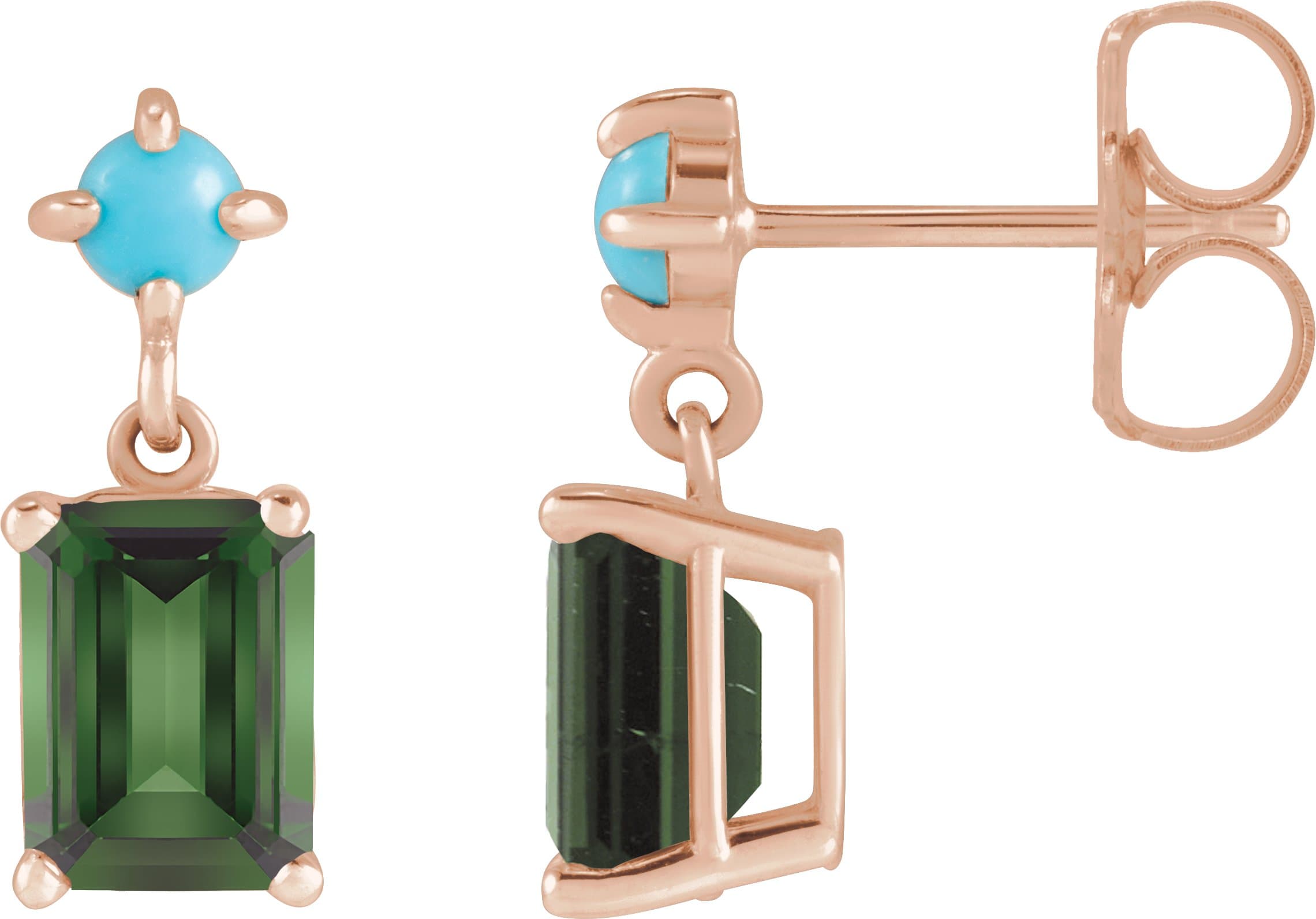 14K Rose Natural Green Tourmaline & Natural Turquoise Earrings