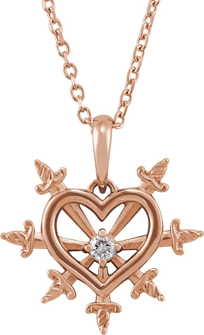 14K Rose .03 CT Natural Diamond Heart & Daggers 16-18 Necklace