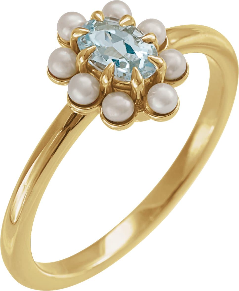 14K Rose Natural London Blue Topaz & Cultured White Seed Pearl Halo-Style Ring