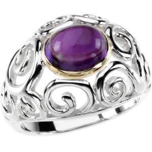 Sterling Silver & 14K Yellow Natural Cabochon Amethyst Scroll Ring