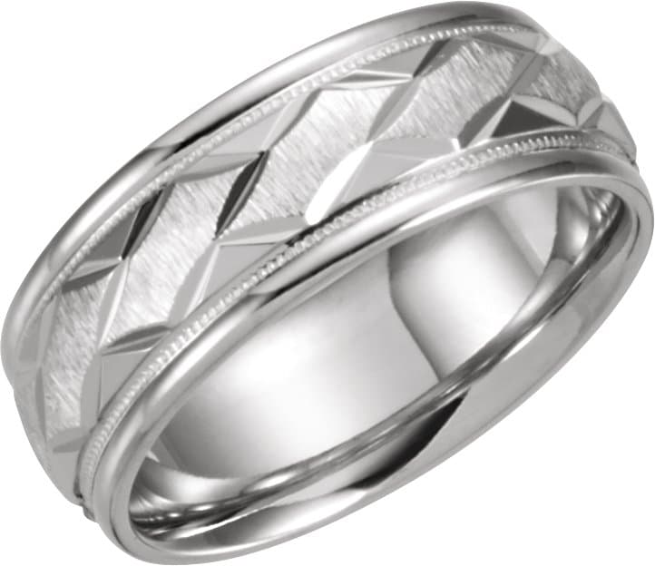 10K White 7 mm Milgrain Edge Geometric Faceted Comfort-Fit Half Round Band Size 6