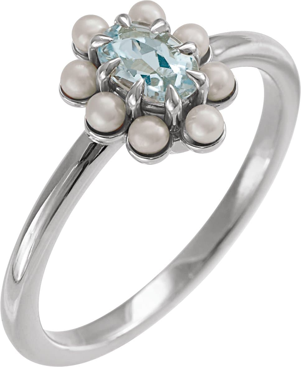 14K Rose Natural London Blue Topaz & Cultured White Seed Pearl Halo-Style Ring