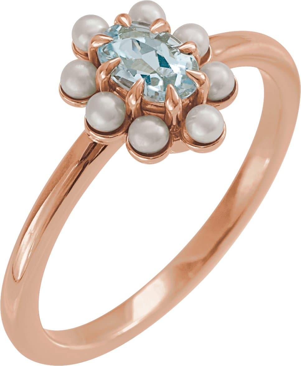 14K Rose Natural London Blue Topaz & Cultured White Seed Pearl Halo-Style Ring