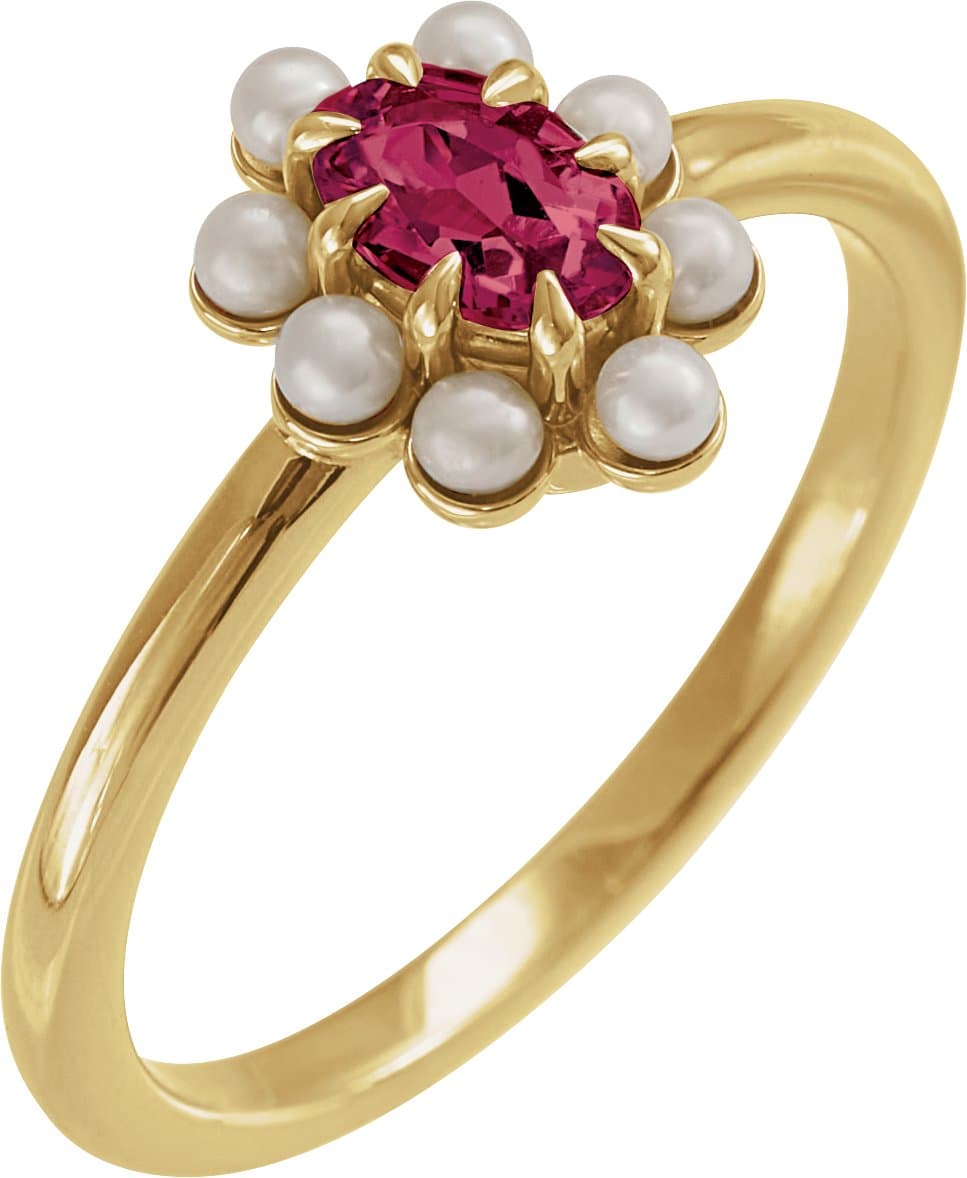 14K Rose Natural London Blue Topaz & Cultured White Seed Pearl Halo-Style Ring