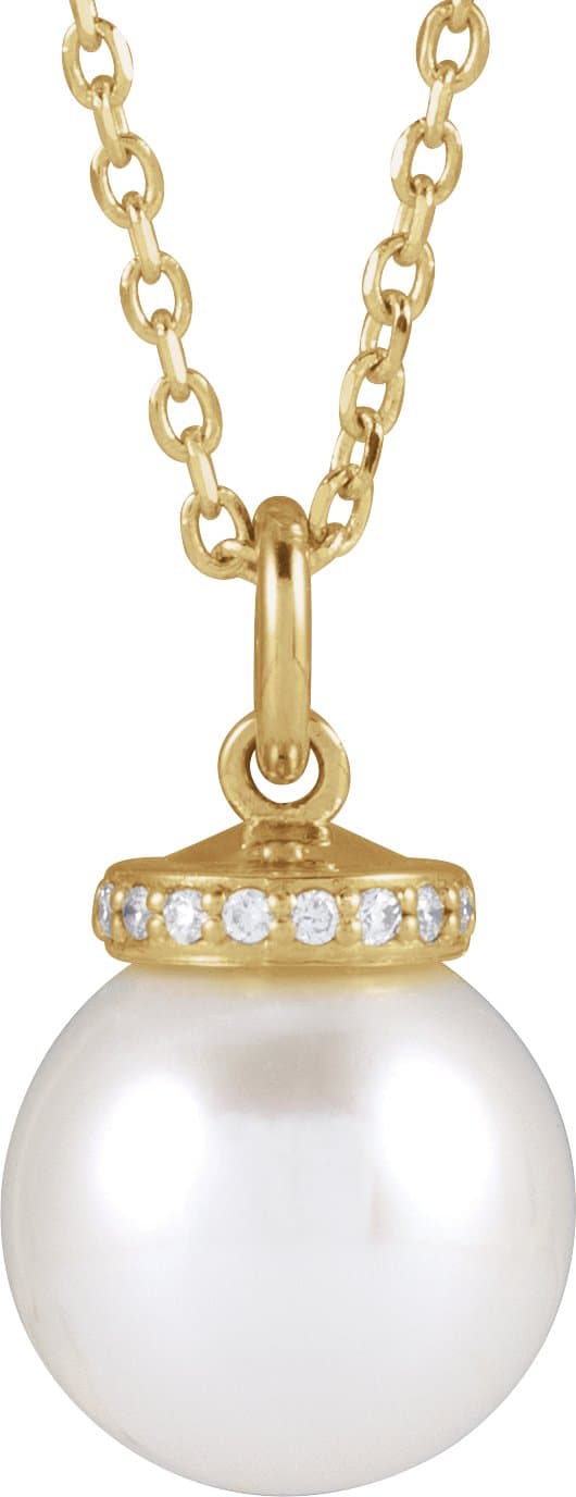 14K Yellow Cultured White Akoya Pearl & .04 CTW Natural Diamond 16-18 Necklace