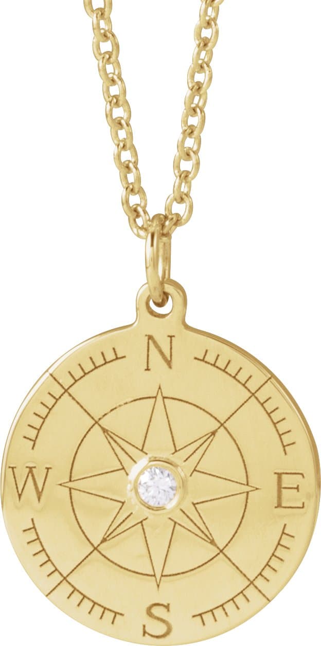 14K Yellow .015 CT Natural Diamond Compass 16-18 Necklace