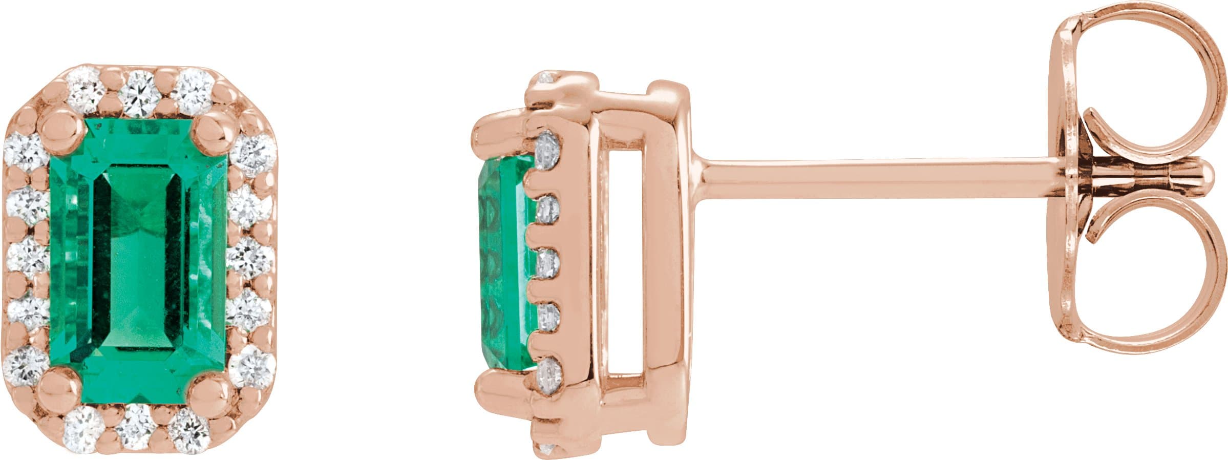 14K Rose Lab-Grown Emerald & .07 CTW Natural Diamond Halo-Style Earrings