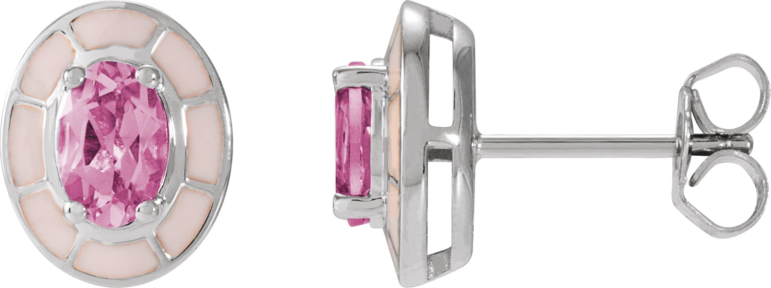 14K Rose Natural Pink Tourmaline & Pink Enamel Stud Earrings