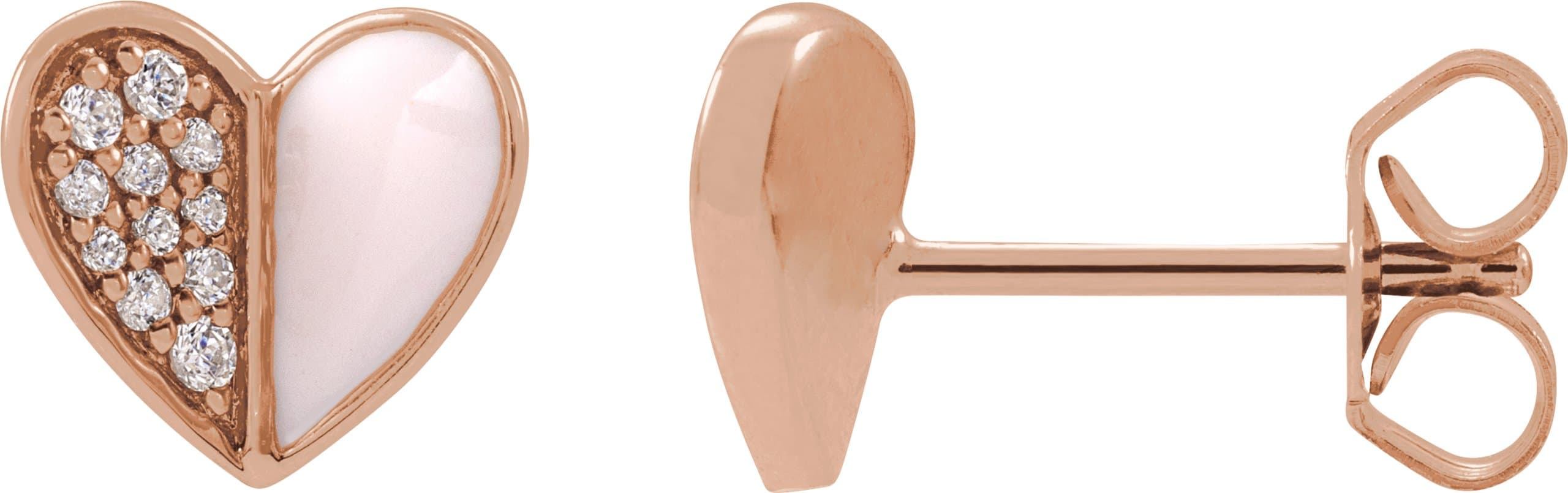 14K Rose 1/10 Natural Diamond & Pink Enamel Heart Earrings