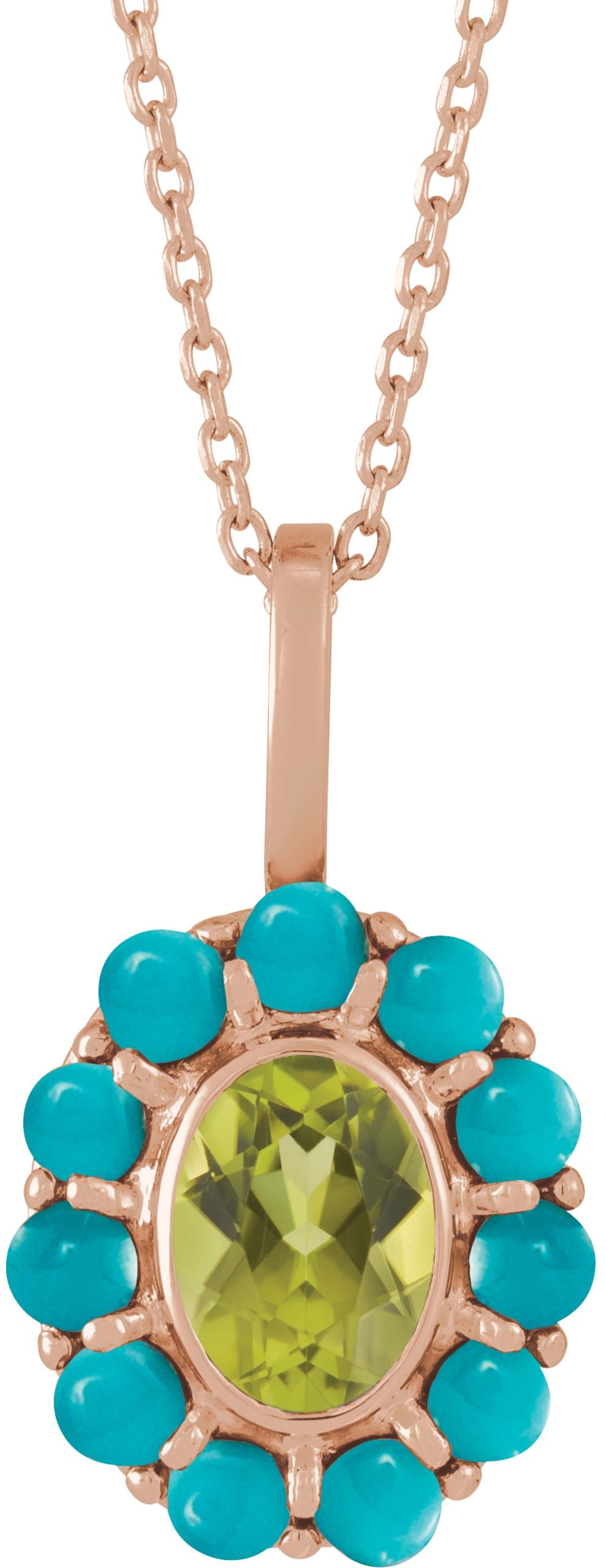 14K Rose Natural Peridot & Natural Turquoise Halo-Style 16-18 Necklace