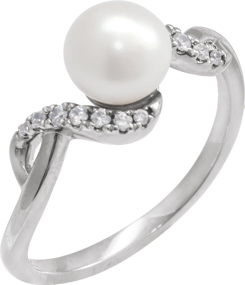 14K Rose Cultured White Freshwater Pearl & 1/8 CTW Natural Diamond Ring