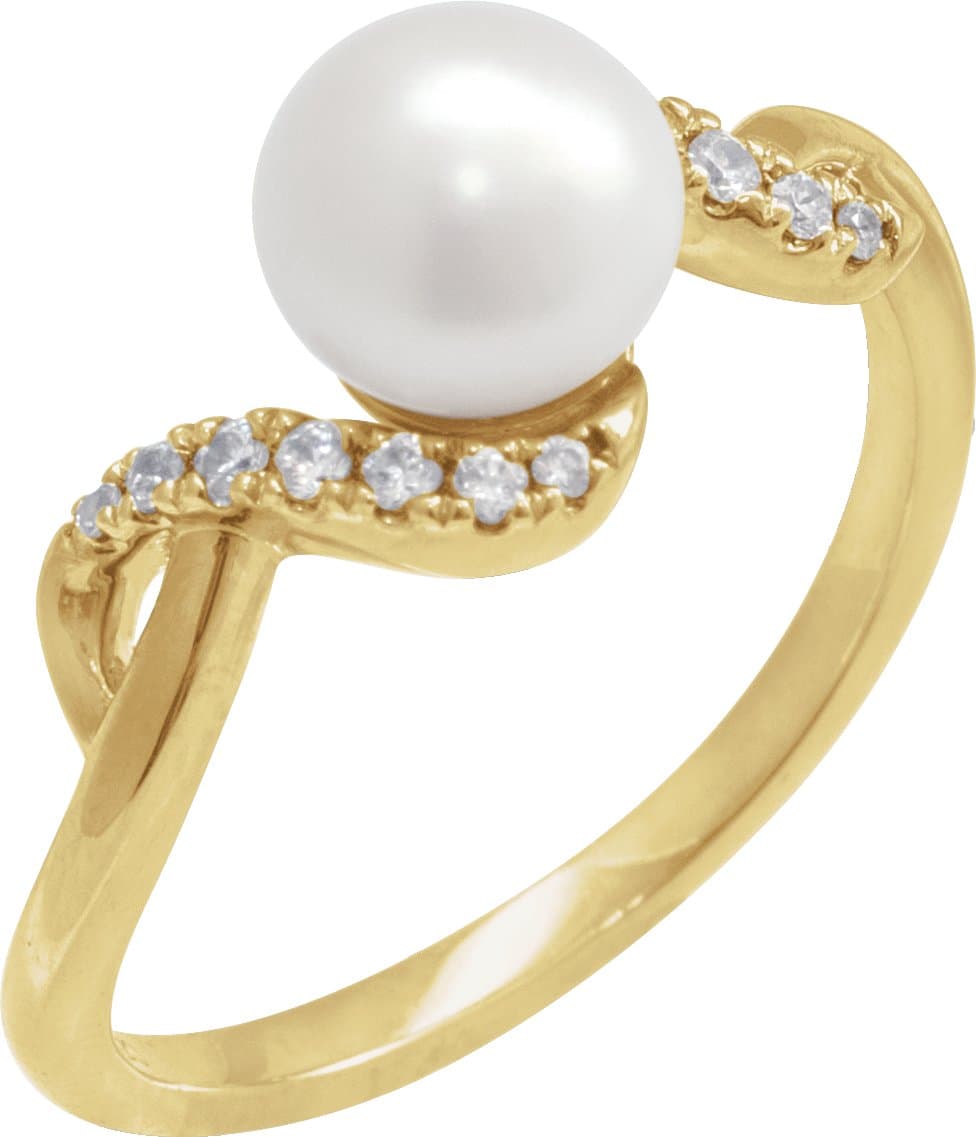 14K Rose Cultured White Freshwater Pearl & 1/8 CTW Natural Diamond Ring
