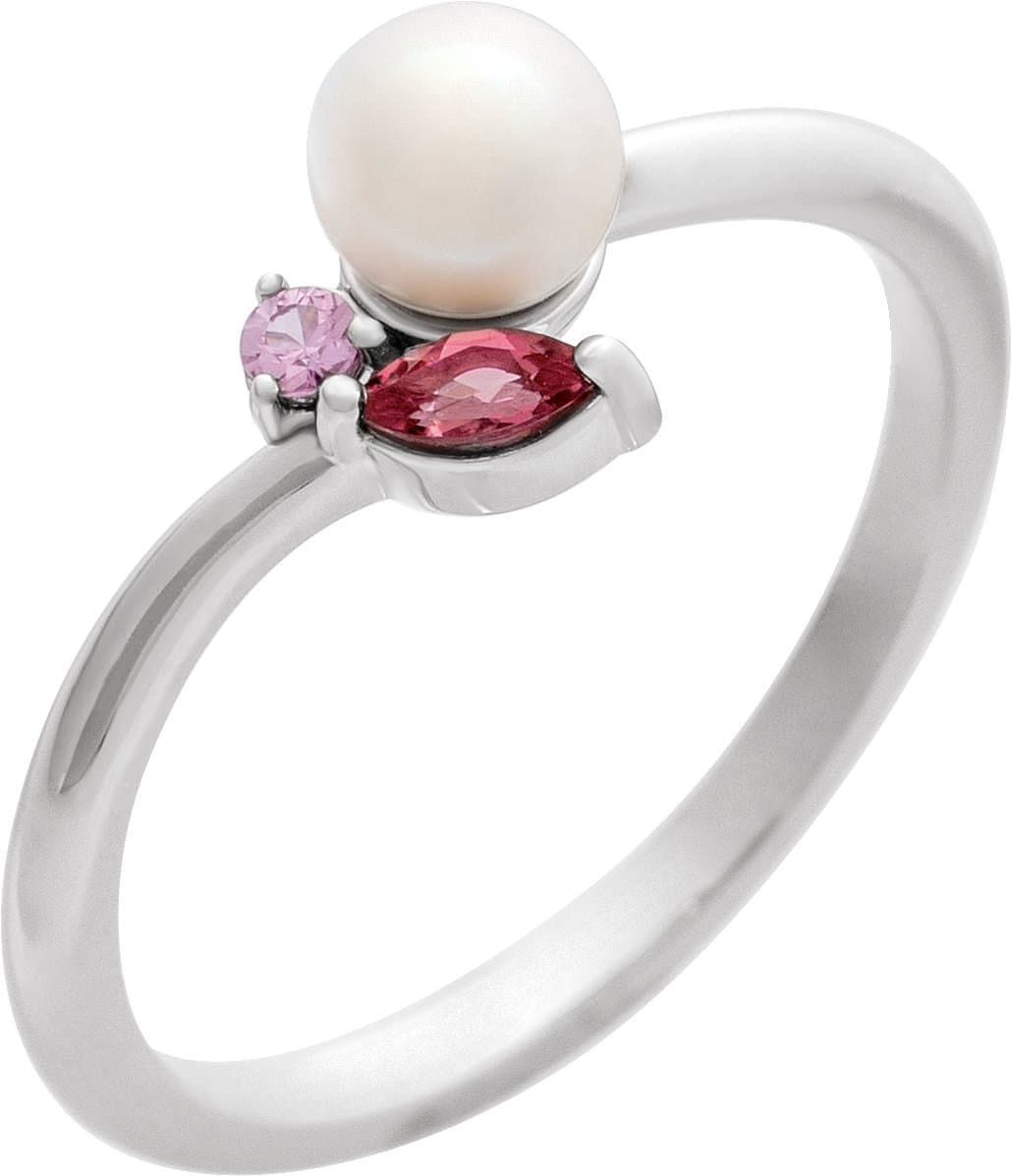 14K Rose Cultured White Akoya Pearl, Natural Pink Tourmaline & Natural Pink Sapphire Ring