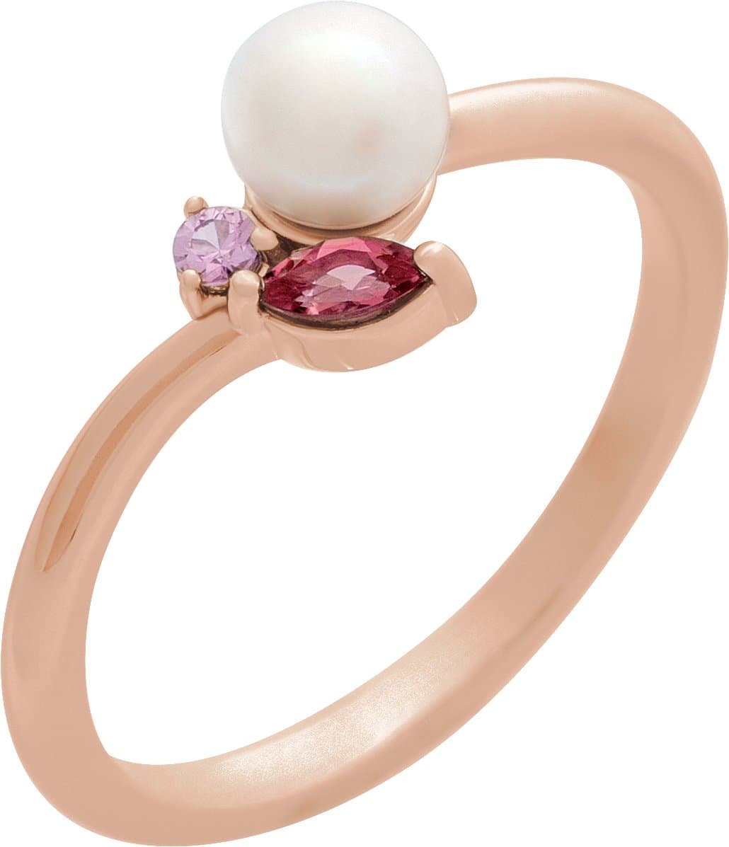 14K Rose Cultured White Akoya Pearl, Natural Pink Tourmaline & Natural Pink Sapphire Ring