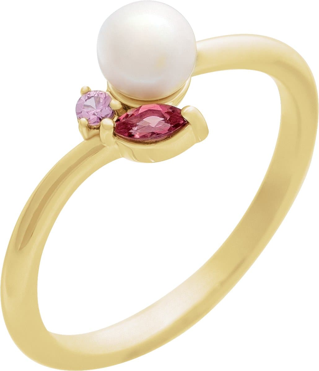 14K Rose Cultured White Akoya Pearl, Natural Pink Tourmaline & Natural Pink Sapphire Ring