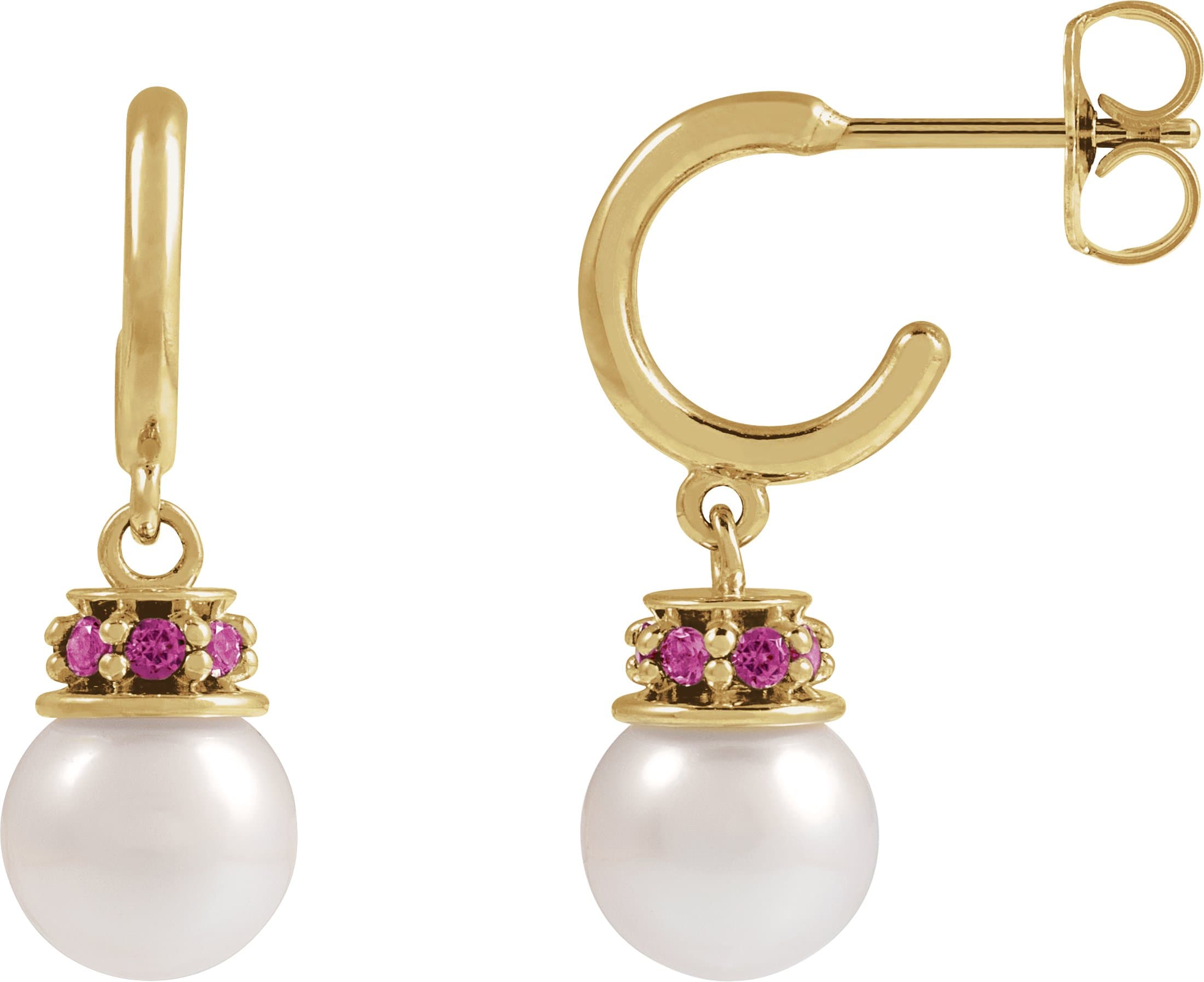 14K Rose Cultured White Freshwater Pearl & Natural London Blue Topaz Hoop Earrings