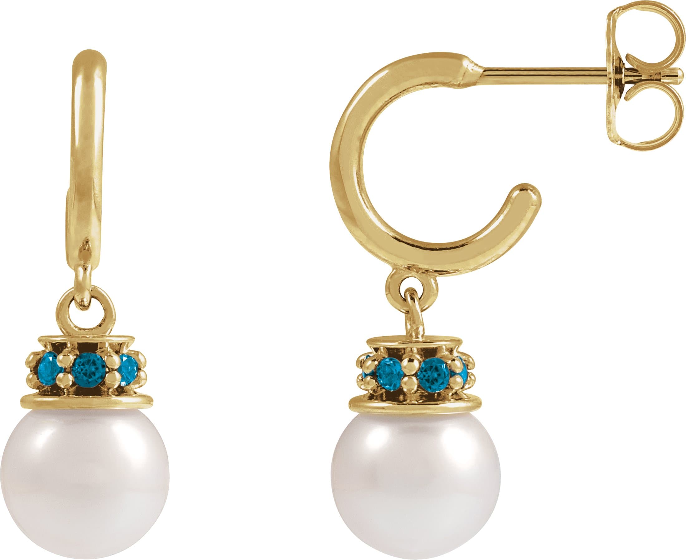 14K Rose Cultured White Freshwater Pearl & Natural London Blue Topaz Hoop Earrings