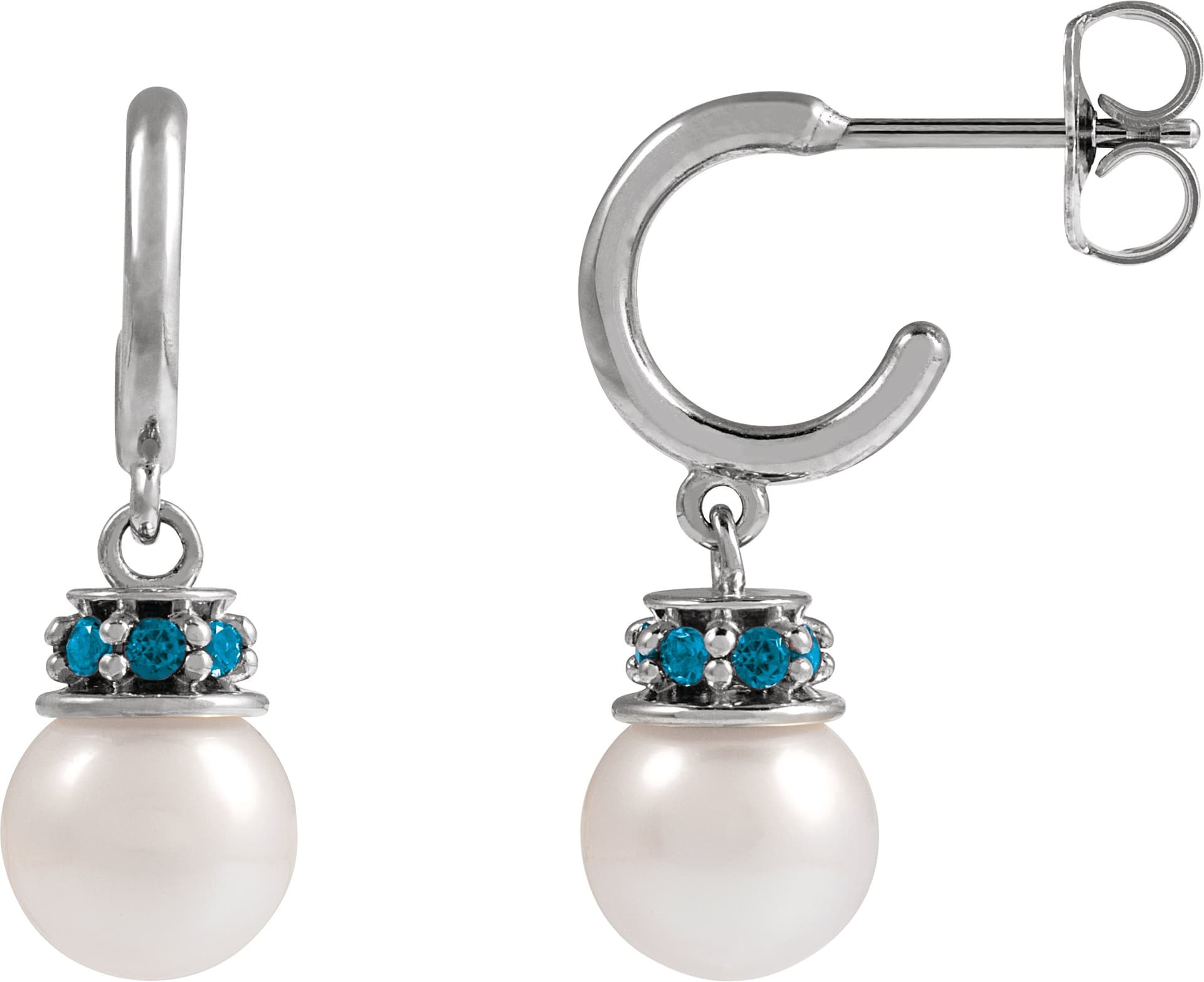 14K Rose Cultured White Freshwater Pearl & Natural London Blue Topaz Hoop Earrings