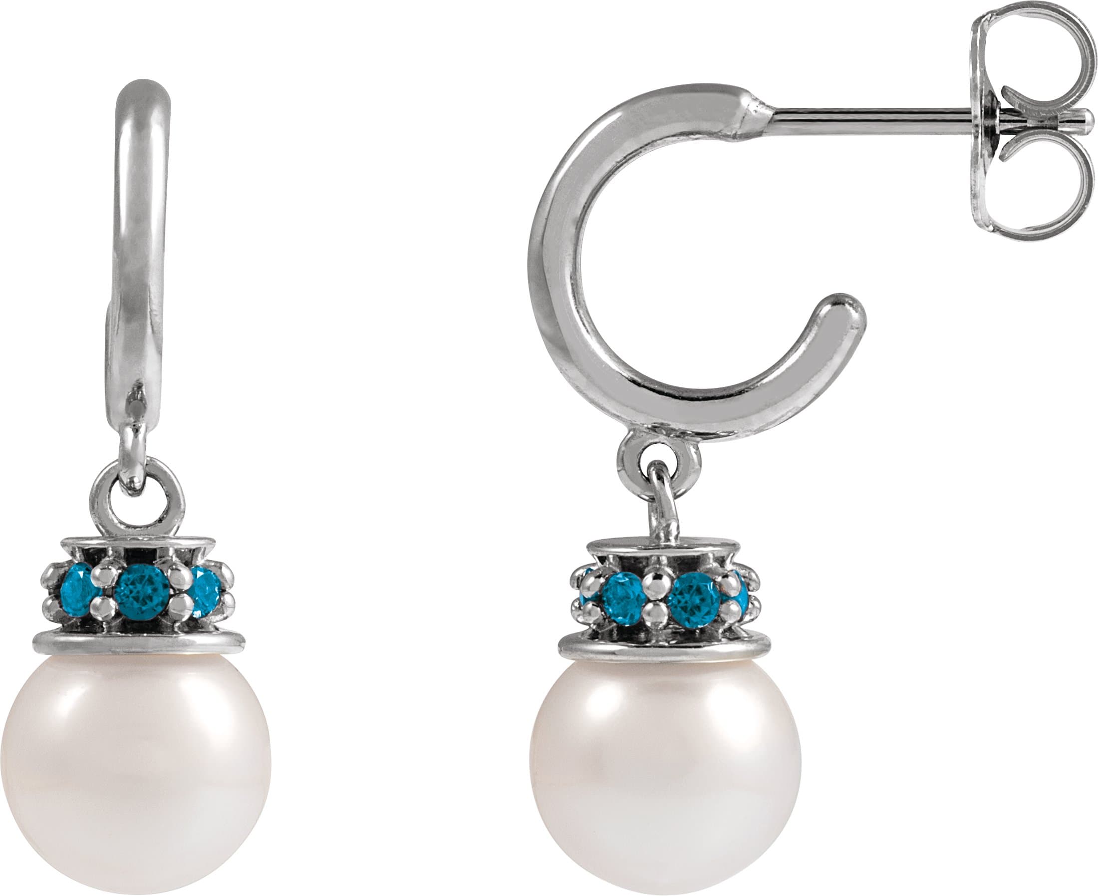 14K Rose Cultured White Freshwater Pearl & Natural London Blue Topaz Hoop Earrings