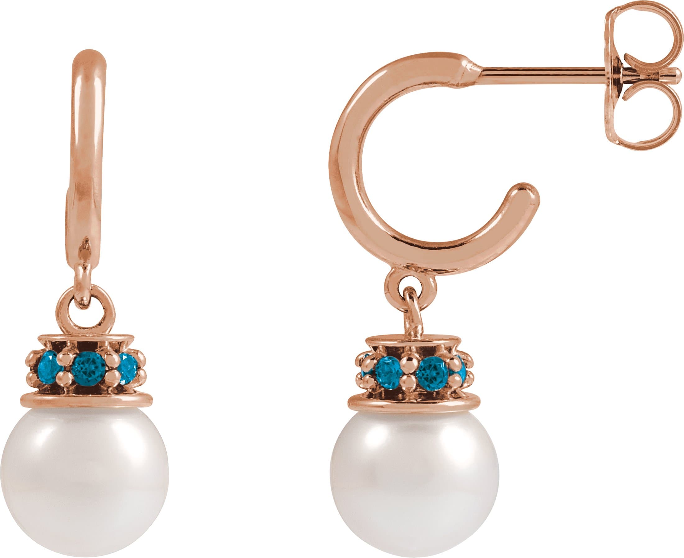 14K Rose Cultured White Freshwater Pearl & Natural London Blue Topaz Hoop Earrings